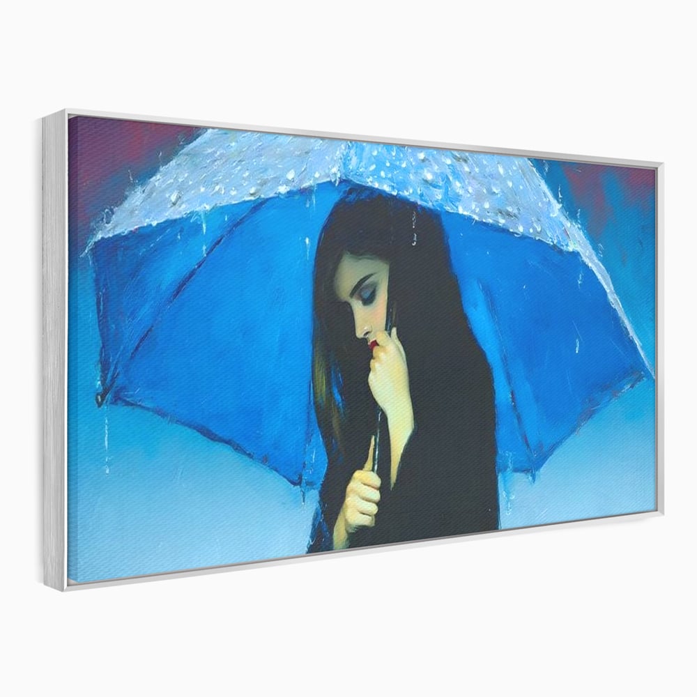 Tablou canvas cu pictura cu femeie sub umbrela albastra, in rama de aluminiu argintiu